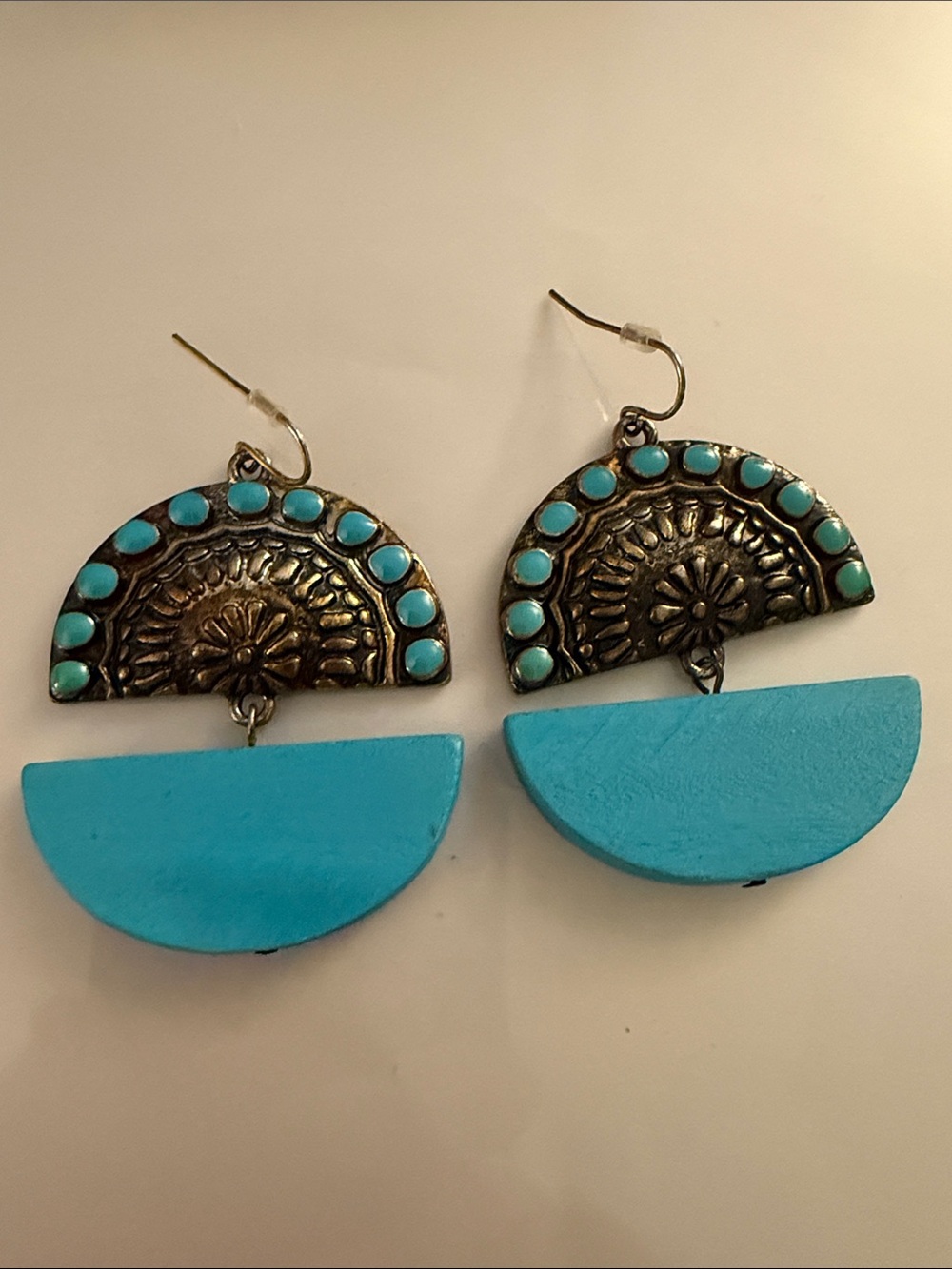 Marvel Turquoise Blue Semi-Circle Drop Earrings with Antiqued Metal Accents